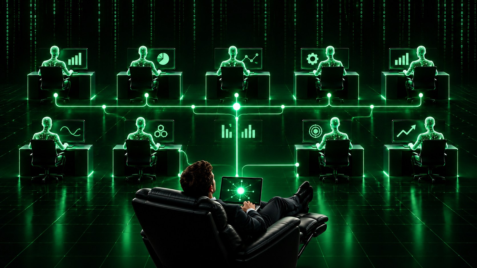 Concept artwork of a person overseeing a connected team of specialized AI assistants